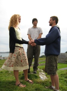 Mrs. Turkdactyl and I exchanging our vow. Adam, our theatrical vicar, in the background.
