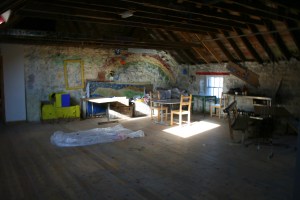 The art room with my car parked against the far wall.