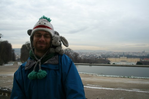 vienna08-69 Another cuddle moment with Snuggles. After this photo we watched some teenage boys from a school group throw snowballs at the birds that were sitting on the ice. It was a good laugh.